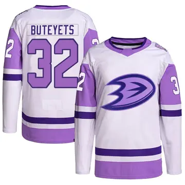 Men's Vyacheslav Buteyets Anaheim Ducks ＃32 Authentic White/Purple Hockey Fights Cancer Primegreen Jersey