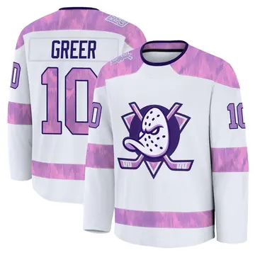 Youth A.J. Greer Anaheim Ducks ＃10 Premium White 2024 Hockey Fights Cancer Practice Jersey