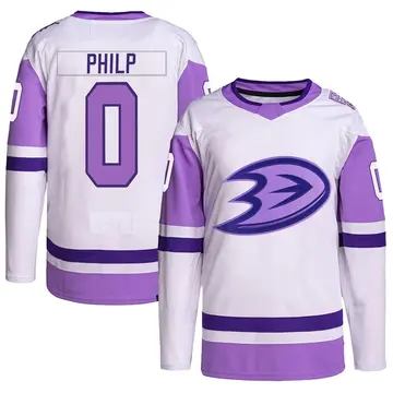 Youth Noah Philp Anaheim Ducks ＃0 Authentic White/Purple Hockey Fights Cancer Primegreen Jersey